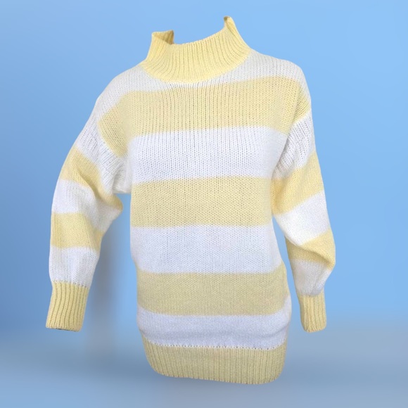 Vintage Sweaters - 80s Yellow Striped Sweater Mock Acrylic Pastel Victoria Jones S